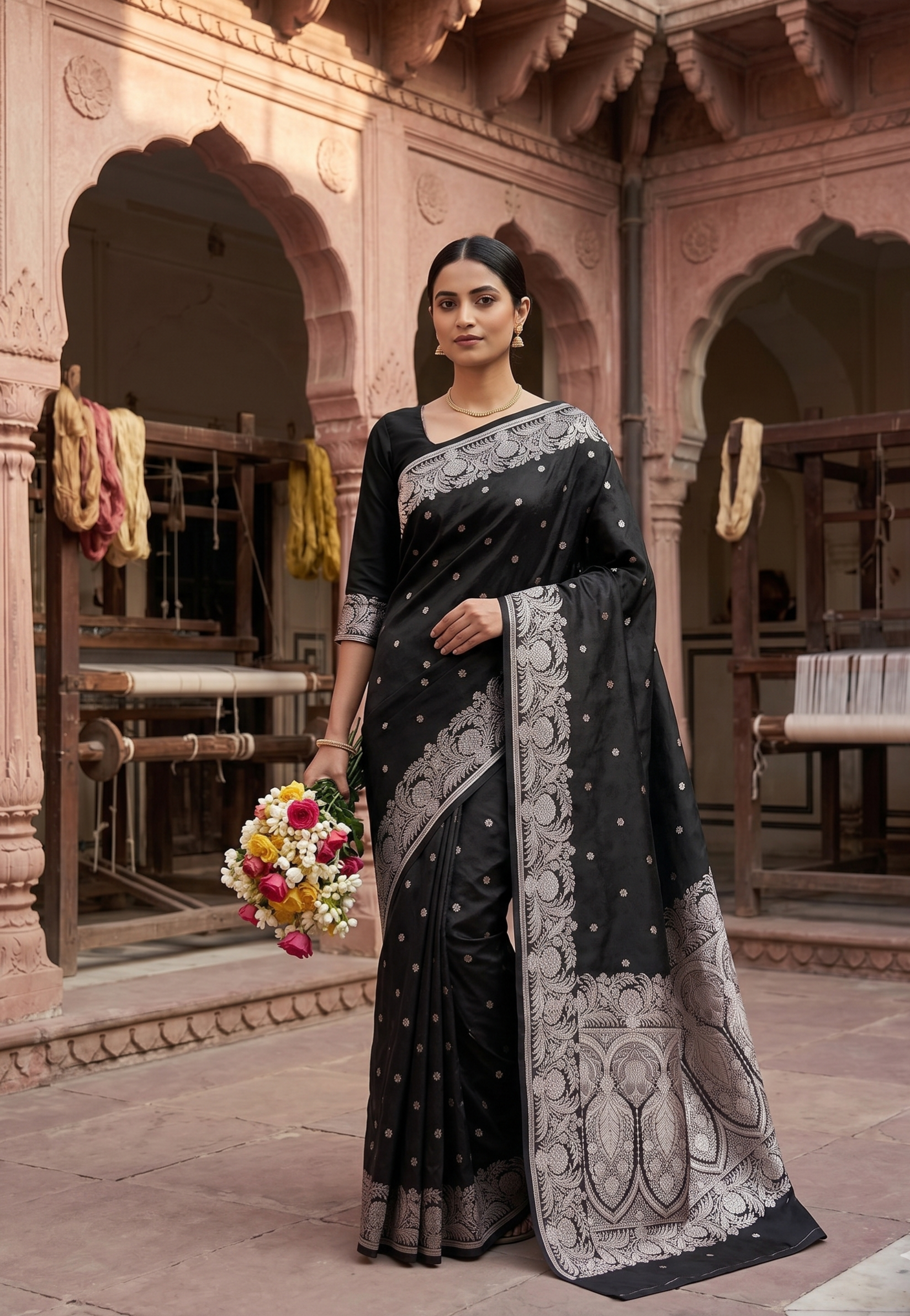 Black Tanchoi Banarasi Silk Saree with zari embroidery - Image 2