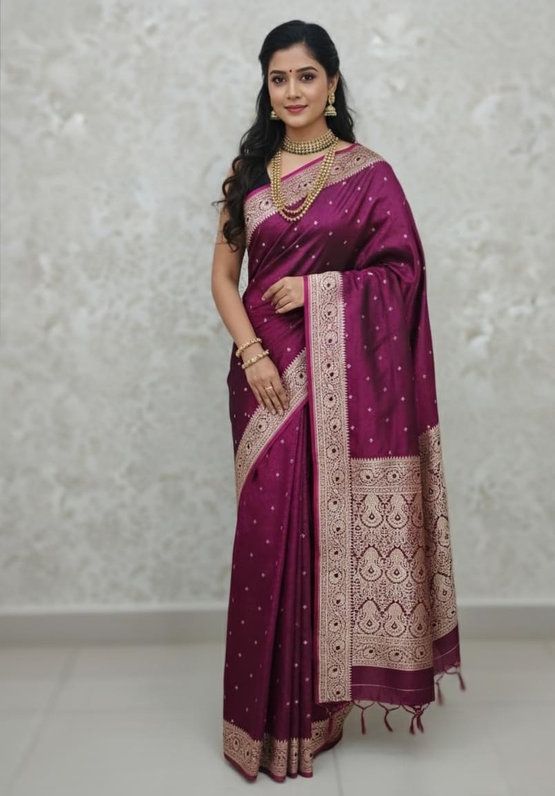 Wine Purple Banarasi Saree - Traditional Festive Silk with Zari Butta