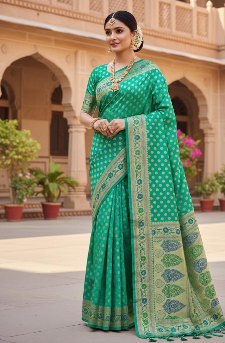 Sea Green Brocade Katan Silk Banarasi Saree with Meenakari Border | Wedding Collection