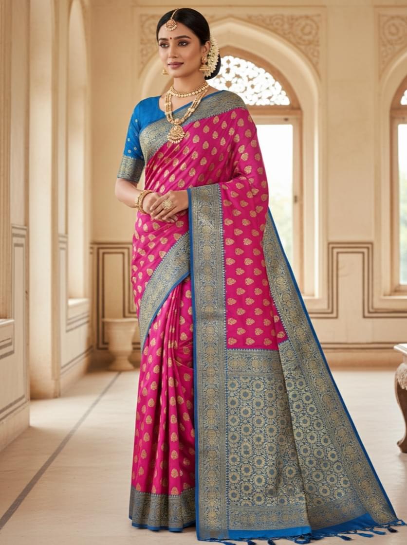 Katan Silk Banarasi Saree in Bright Pink and Sky Blue with Gold Zari Border
