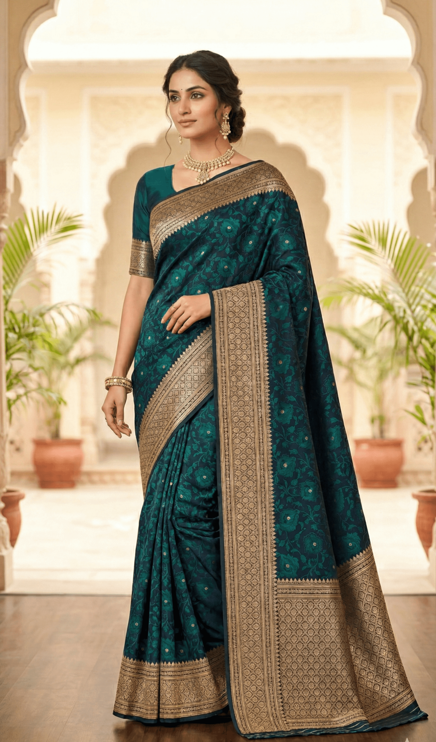 Imperial Teal Floral Jaal Tanchoi Banarasi Silk Saree with Antique Zari embroidery