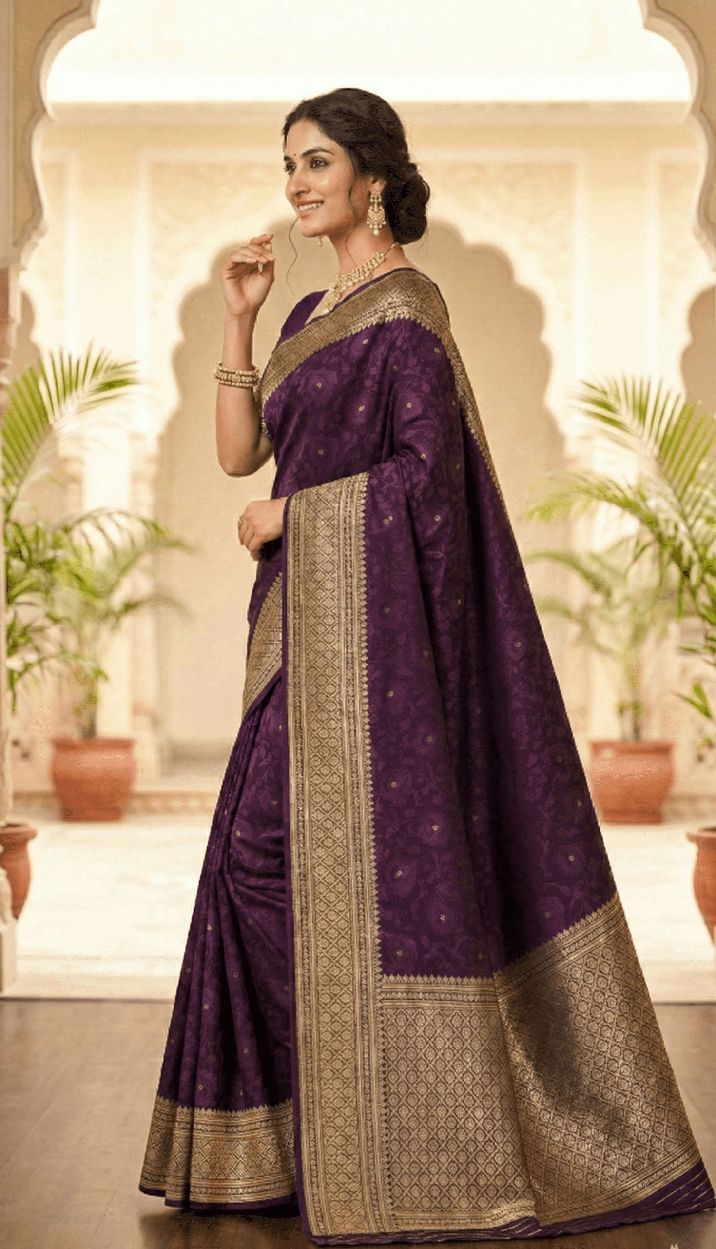 The Royal Deep Purple (Jamuni)Orchid: A Masterpiece in Tanchoi Silk  with Antique Gold Zari.