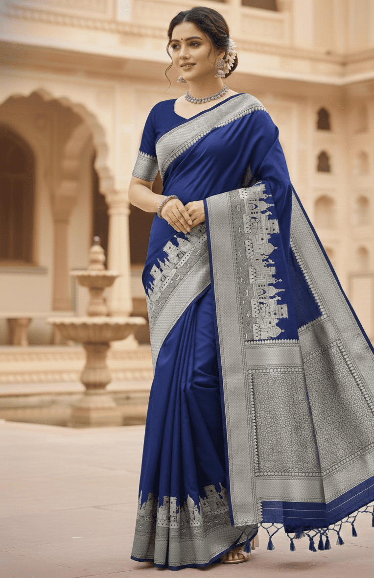 Navy Blue Mushru Banarasi silk saree with Ganga Ghat design