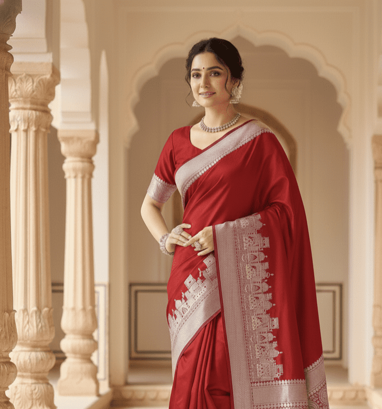 Red Banarasi Mushru silk saree with Ganga Ghat design