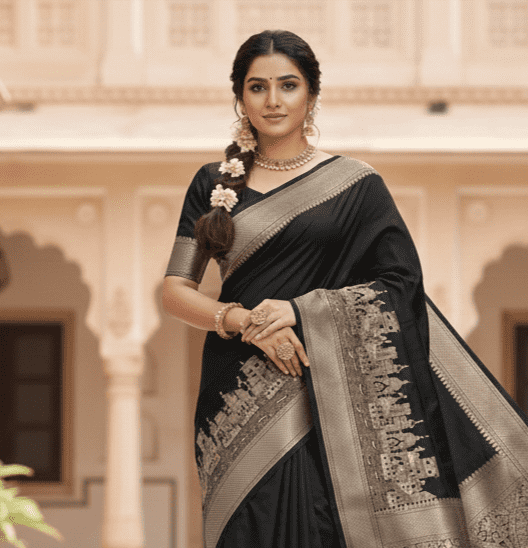 Black colour Banarasi mushru silk saree with Ganga Ghat design