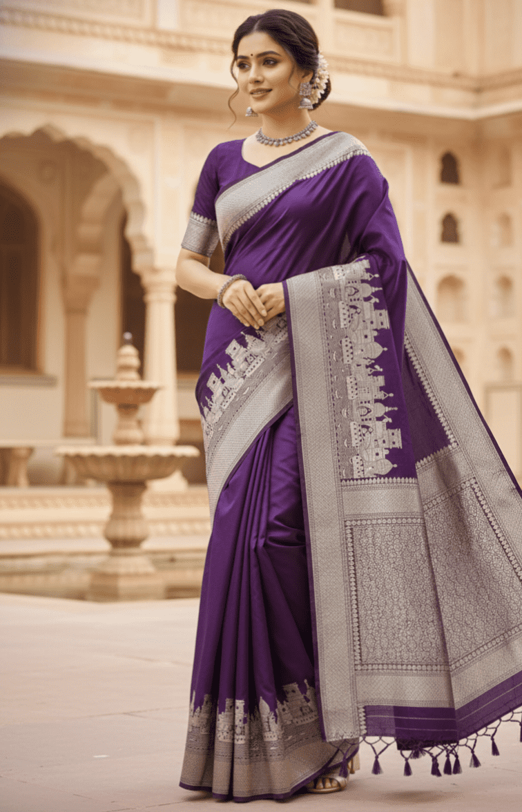 Dark purple Banarasi Mushru silk saree with Ganga Ghat design