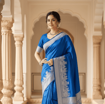 Royal Blue colour Banarasi mushru silk saree with Ganga Ghat design