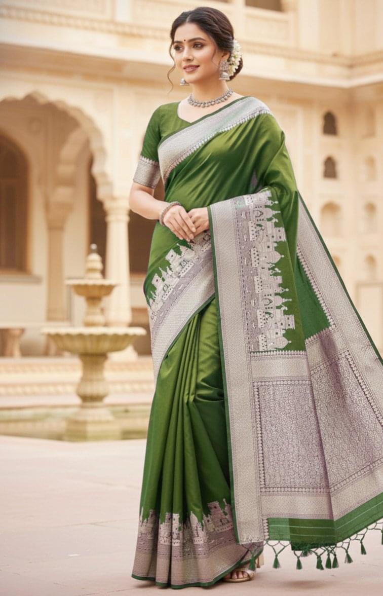 Olive green colour Banarasi mushru silk saree with Ganga Ghat design