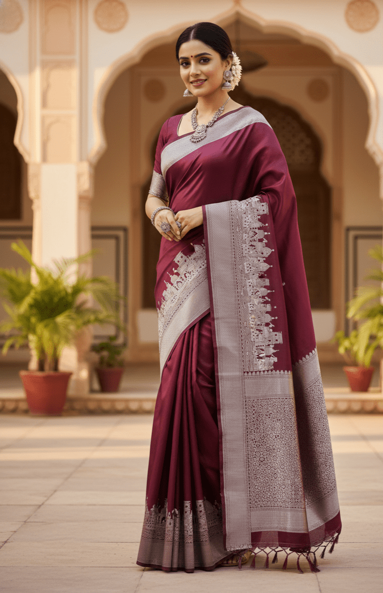 The Kashi Ghat Ensemble-
Wine-Purple Banarasi Silk Sare
