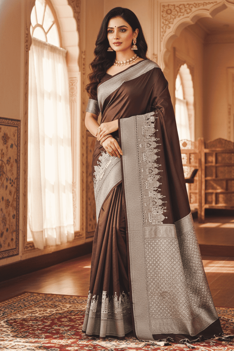 Chocolate brown colour Banarasi mushru silk saree with Ganga Ghat design