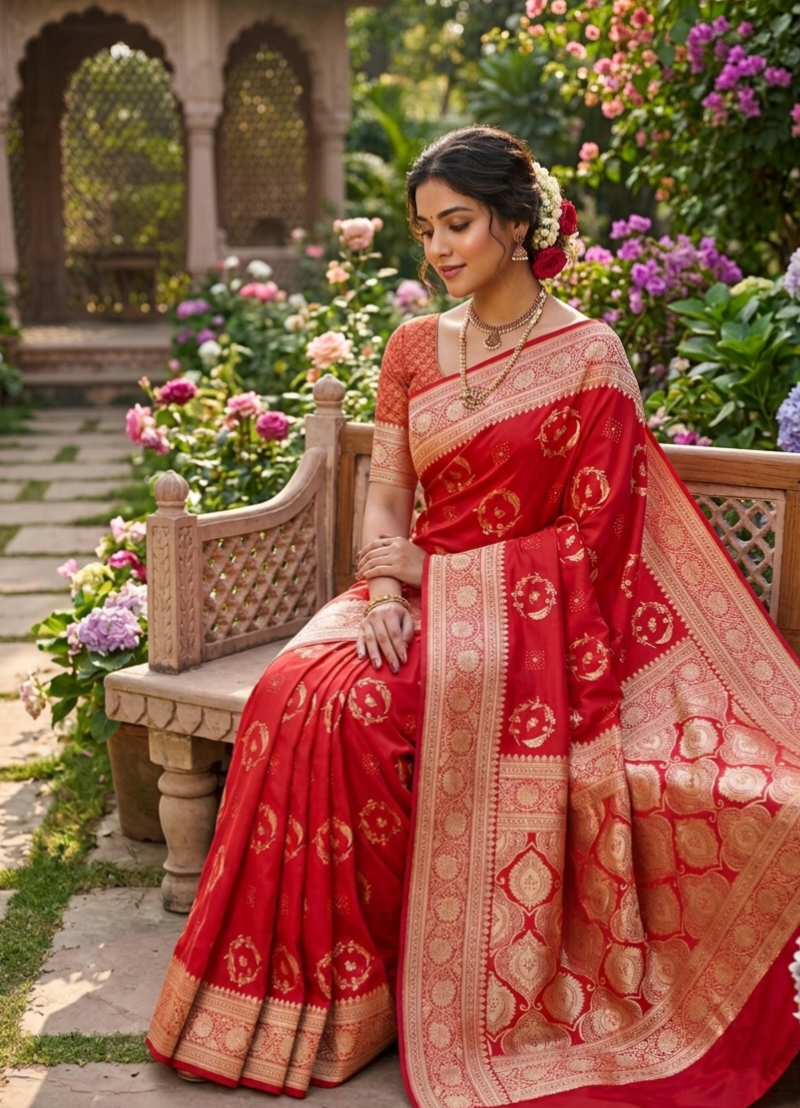 Mandala Mohini-Red Bridal Mushru Banarasi silk saree