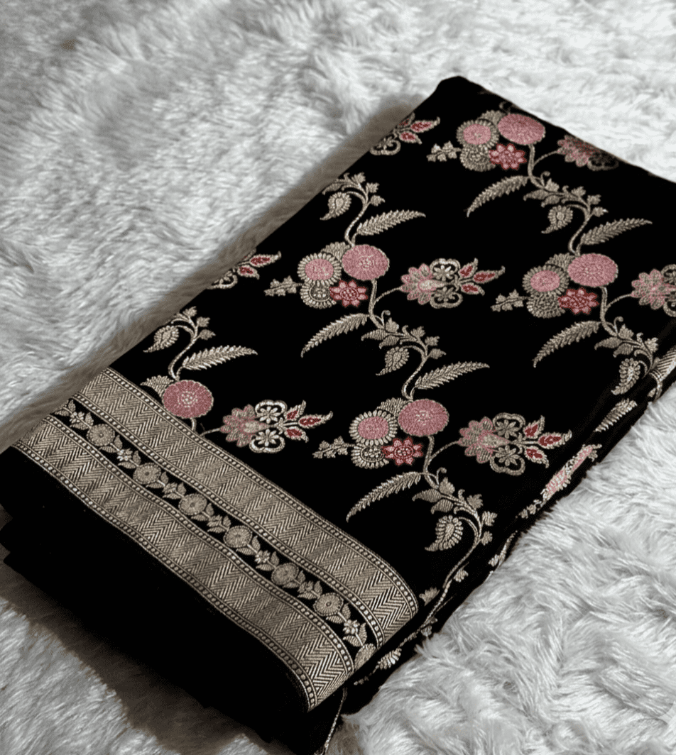 Midnight Bloom: Handwoven Black Banarasi Katan Silk Saree