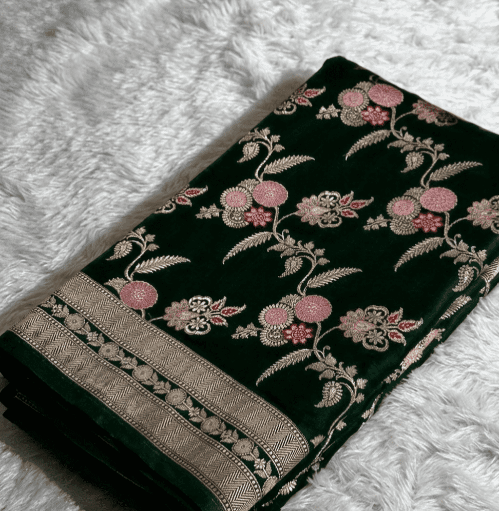 The Rajwada Emerald:Deep emerald green Banarasi Mushru silk