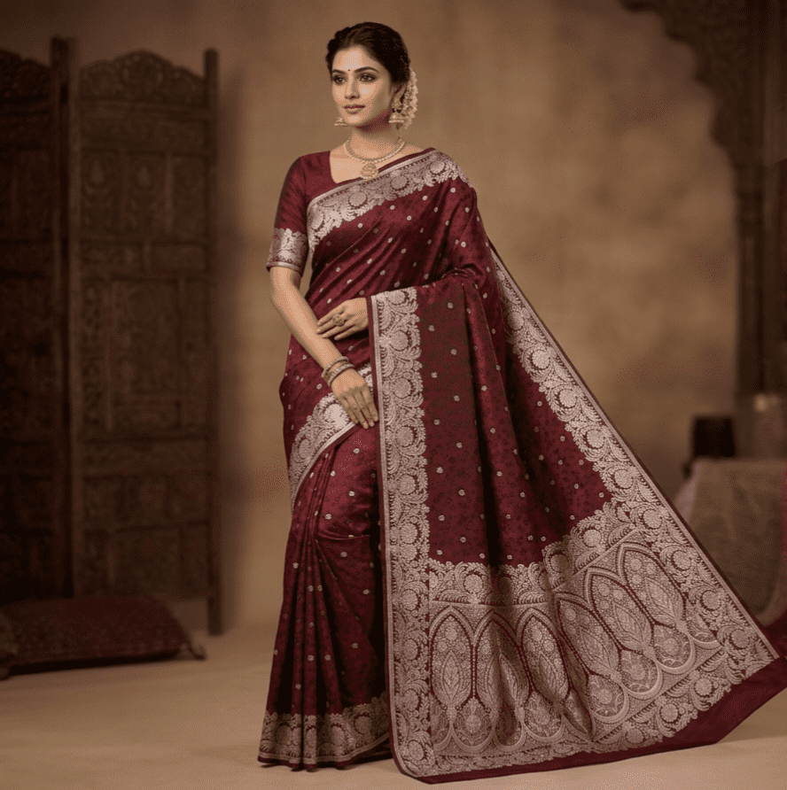 Dark Chocolate Brown Tanchoi Banarasi Silk Saree with zari embroidery