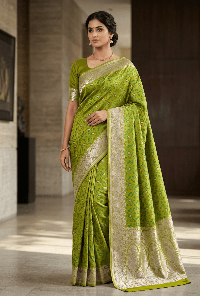 Harita Heritage-Banarasi Tanchoi silk saree in Lime Green Colour with Zari embroidery