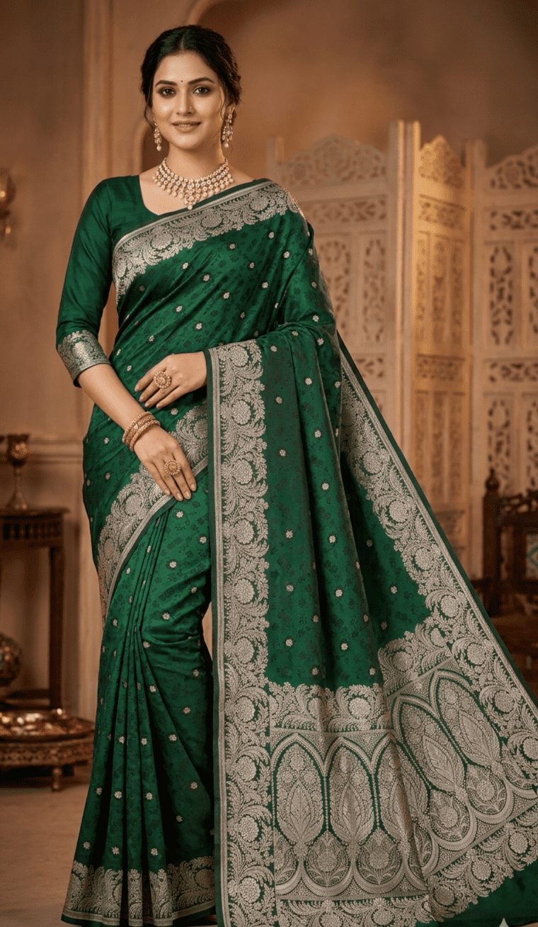 Dark Green Tanchoi Banarasi Silk Saree with zari embroidery