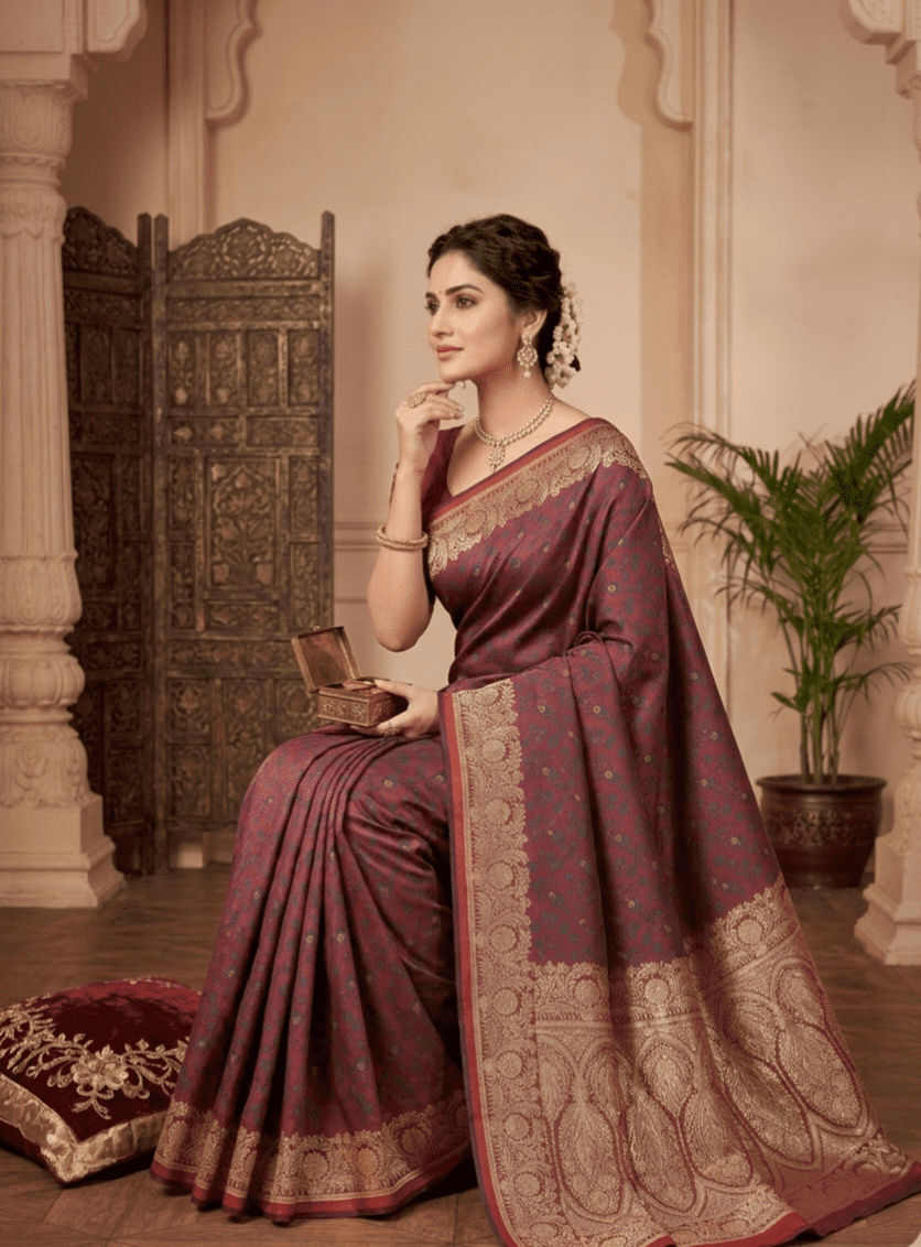Crimson Tanchoi Banarasi Silk Saree with zari embroidery