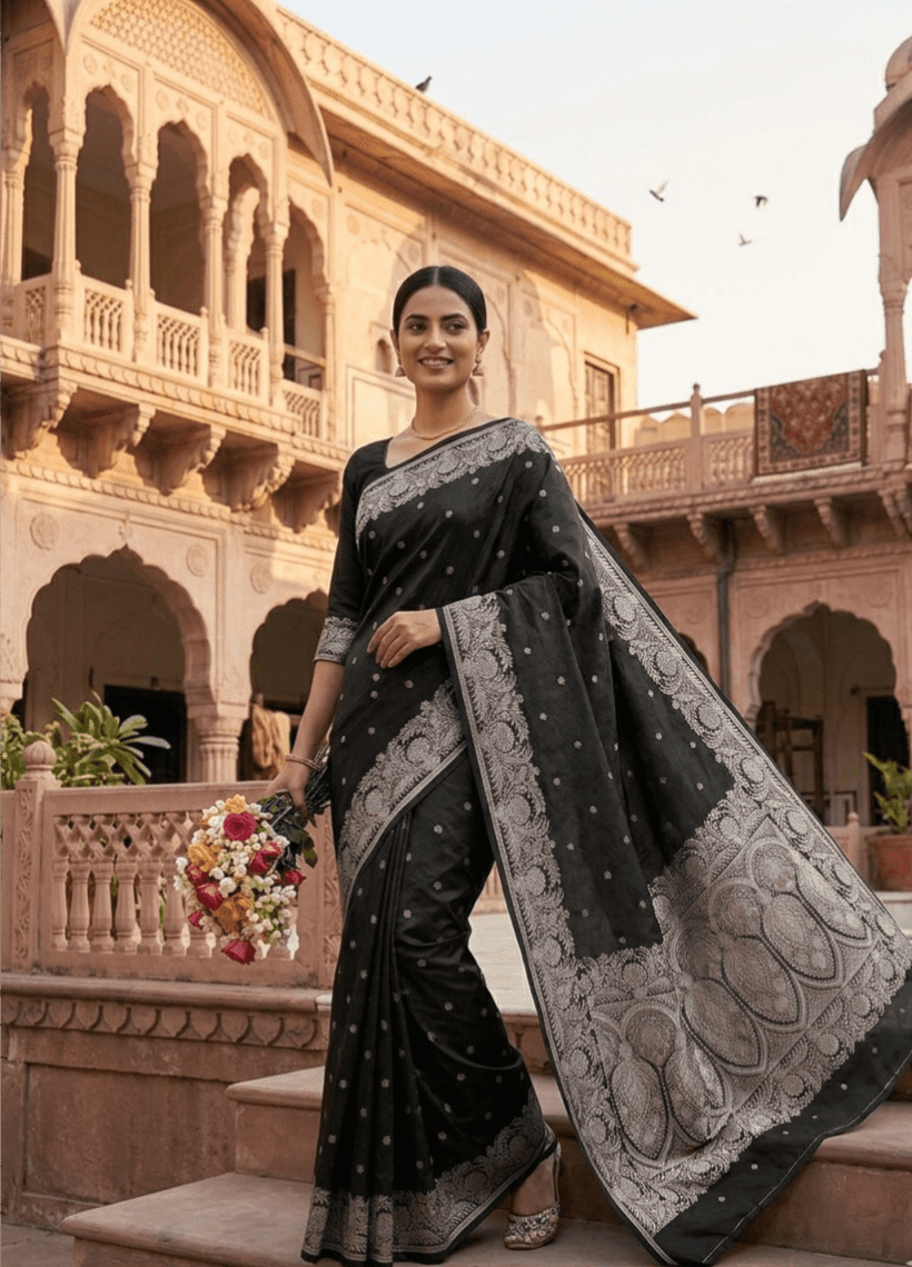 Black Tanchoi Banarasi Silk Saree with zari embroidery