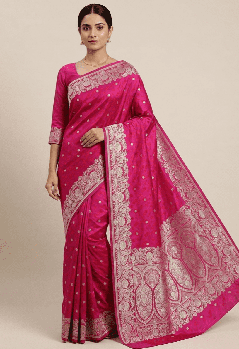 Rani Pink Tanchoi Banarasi Silk Saree with zari embroidery