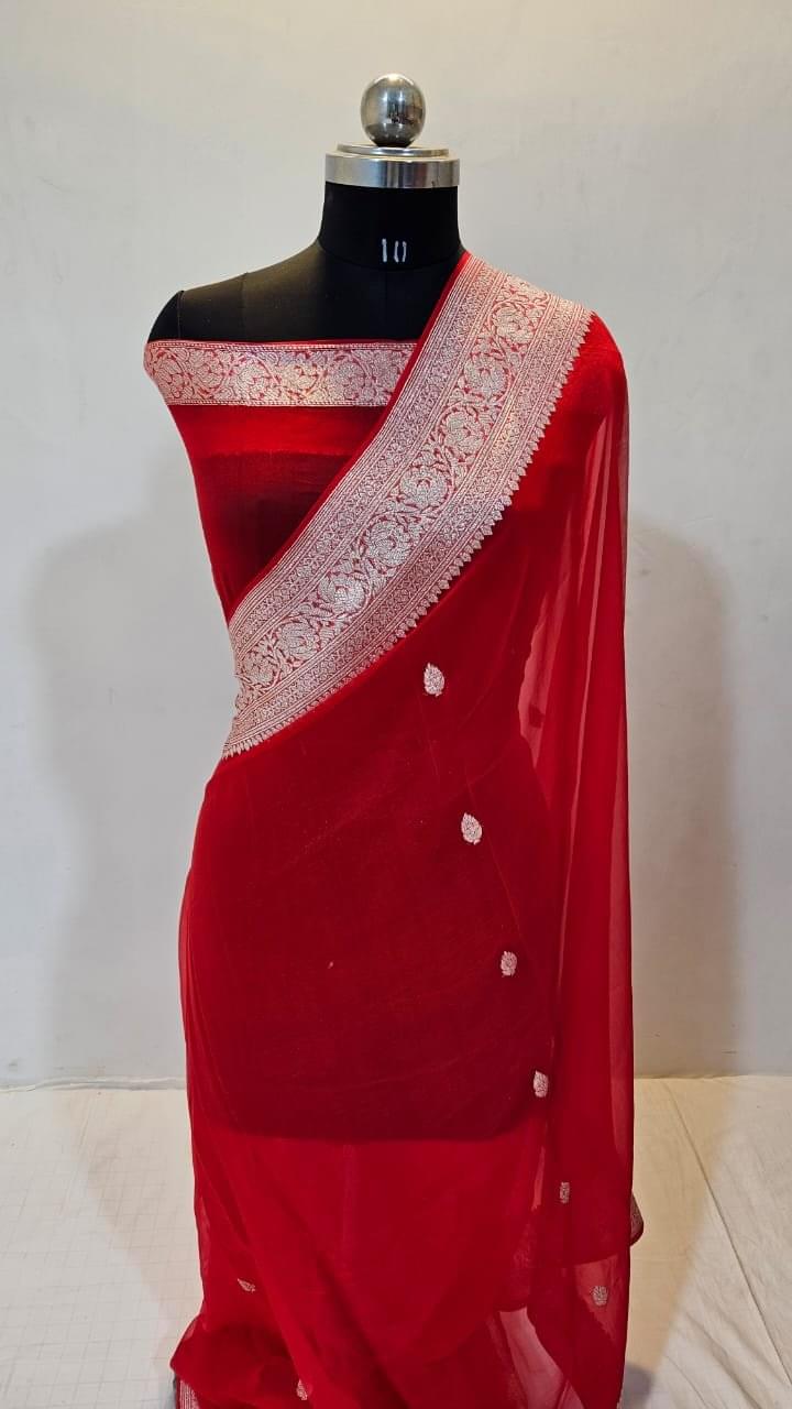 Crimson Elegance-Red Banarasi Pure Chiffon Saree