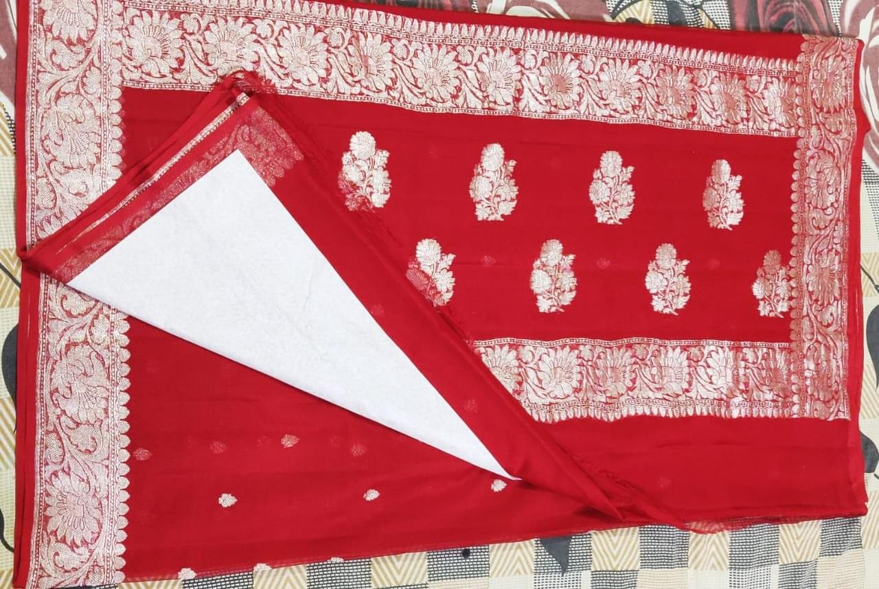 Crimson Elegance-Red Banarasi Pure Chiffon Saree - Image 2
