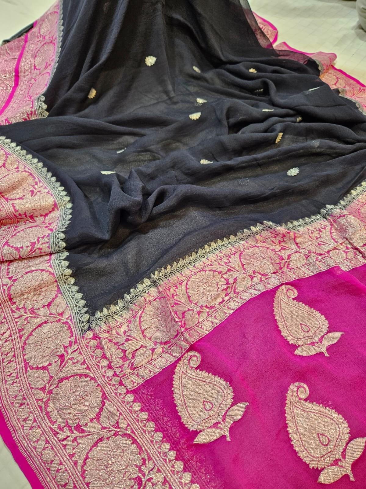 Nisha-Kiran:"Ray of light in the night sky"—perfectly capturing the contrast of the deep black chiffon body and the radiant magenta pallu. - Image 2