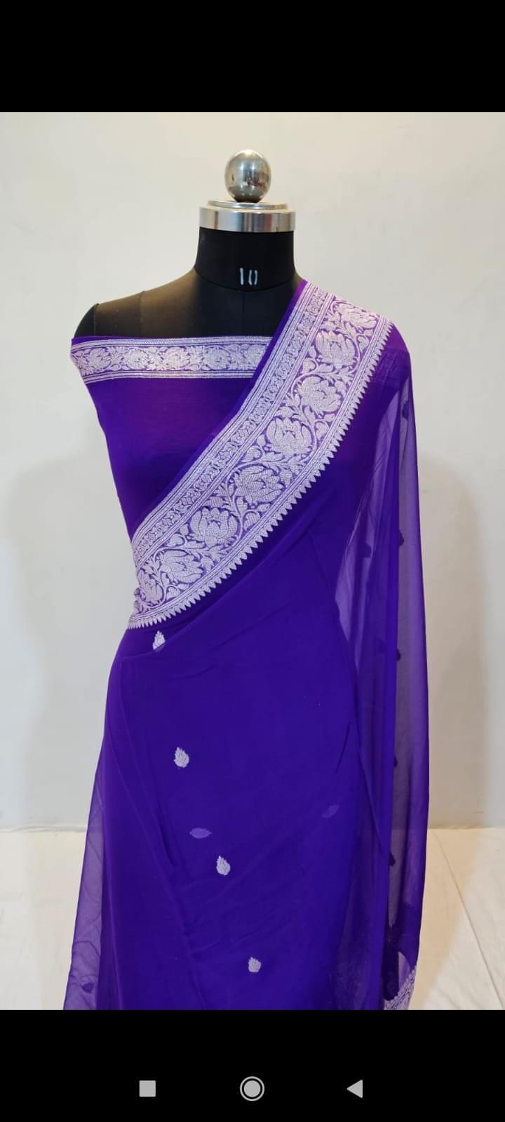 "The Glow of Purple" Banarasi Pure Chiffon saree with the intricate lotus (kamal) motifs woven beautifully into the border, paired with the richness of zari. - Image 2