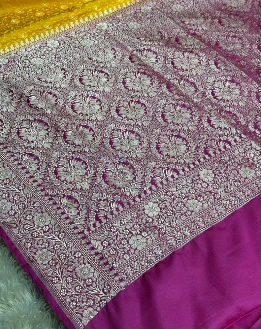 Basanti Kashi – Classic Mustard Tanchoi Silk Saree with a deep magenta-pink border - Image 4