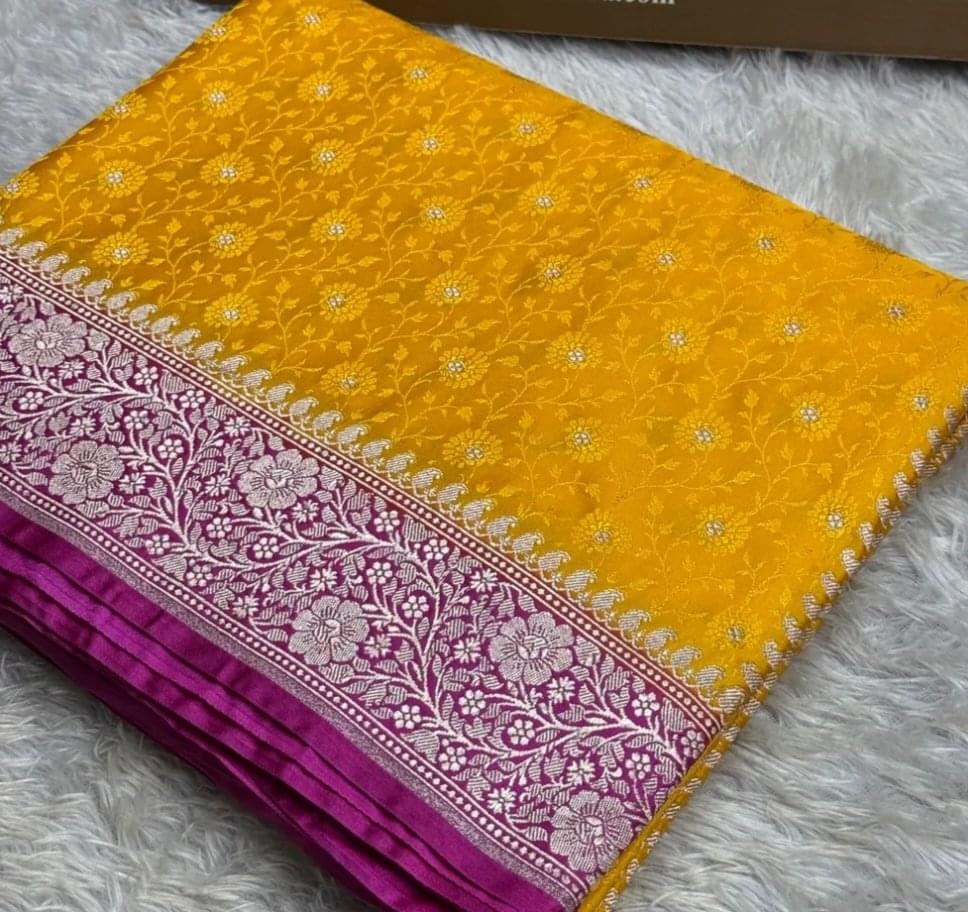 Basanti Kashi – Classic Mustard Tanchoi Silk Saree with a deep magenta-pink border