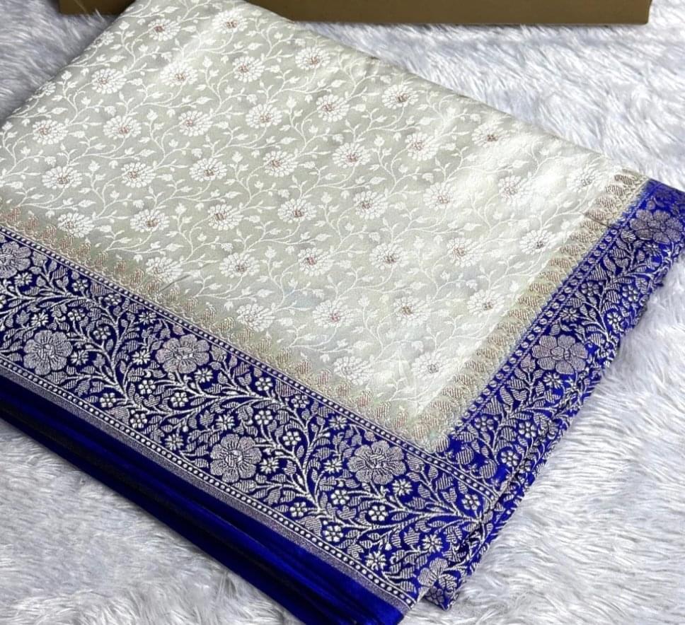 The Shweta-Neel Tanchoi – Pure Banarasi Silk Saree with Royal Blue Zari Border