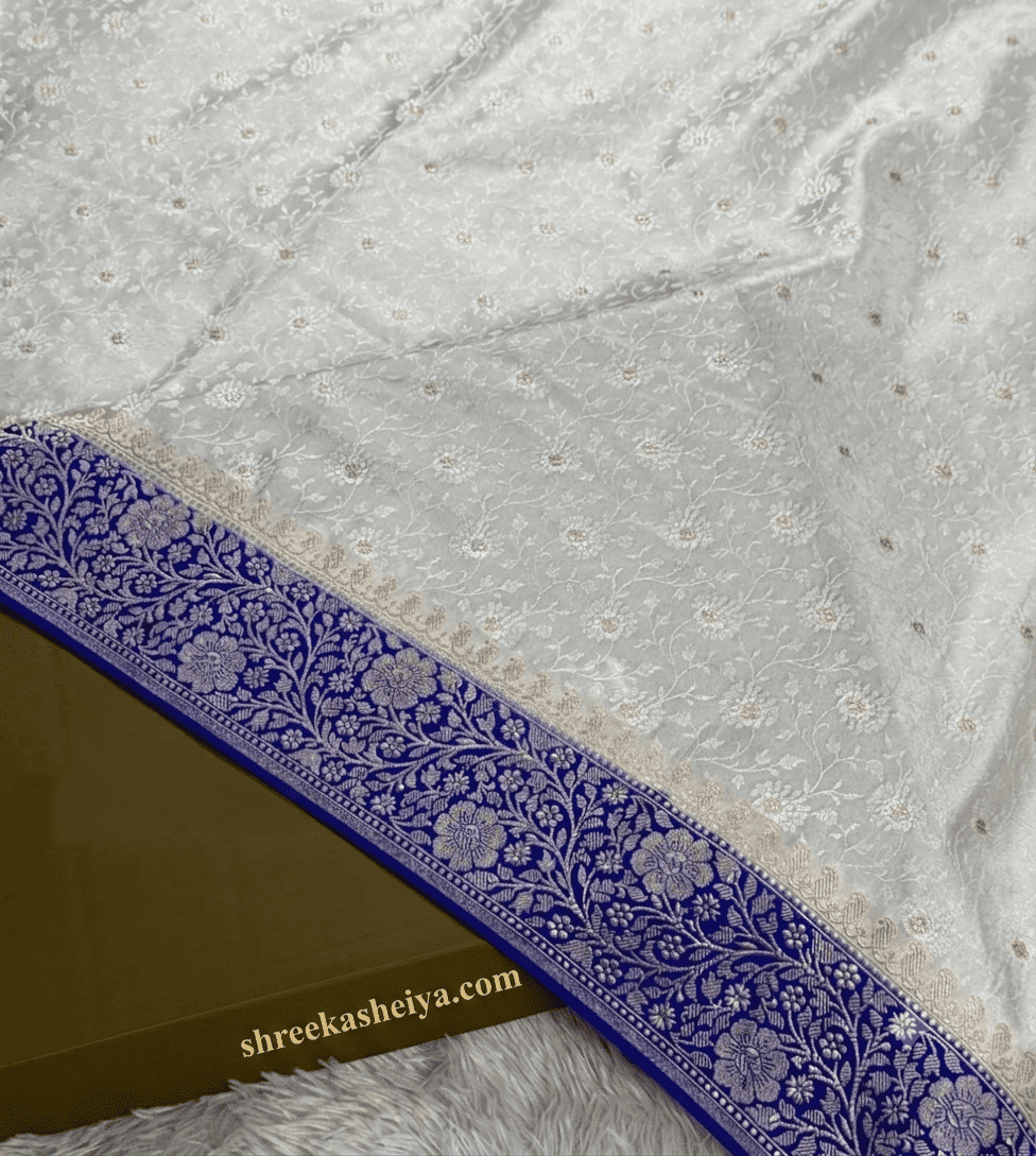 The Shweta-Neel Tanchoi – Pure Banarasi Silk Saree with Royal Blue Zari Border - Image 3
