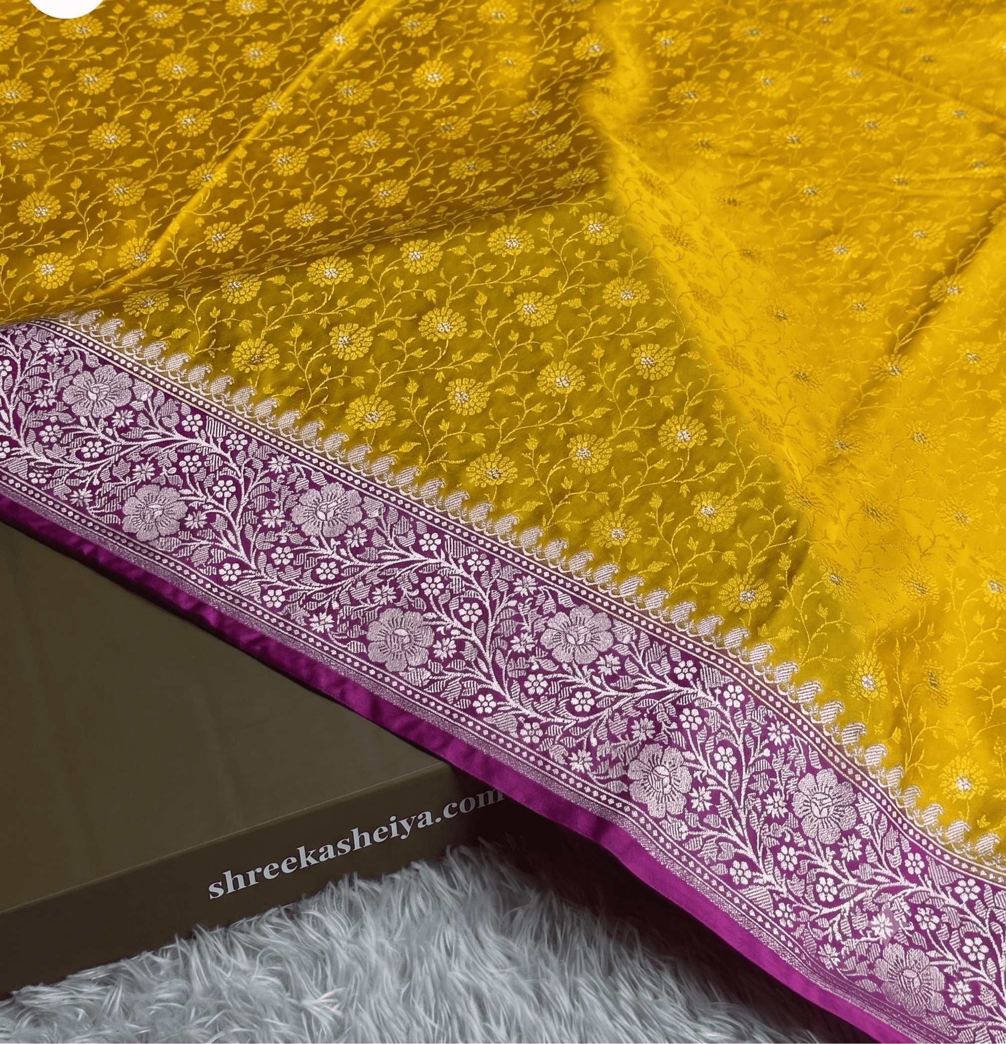 Basanti Kashi – Classic Mustard Tanchoi Silk Saree with a deep magenta-pink border - Image 2