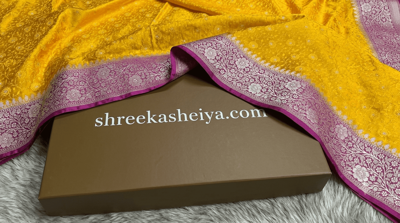 Basanti Kashi – Classic Mustard Tanchoi Silk Saree with a deep magenta-pink border - Image 3