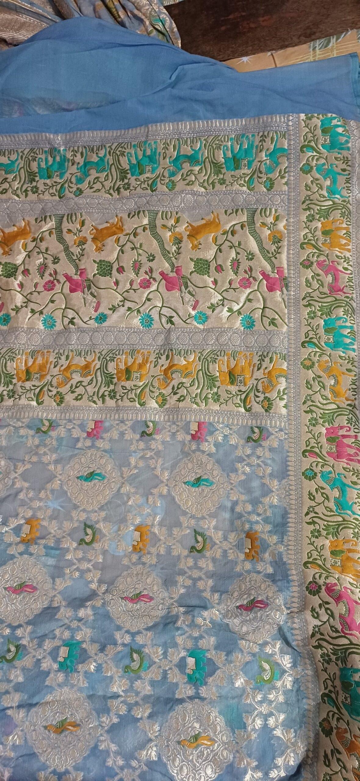 The Pure silk Handwoven Royal Shikargah Meenakari Saree in Powder Blue - Image 2
