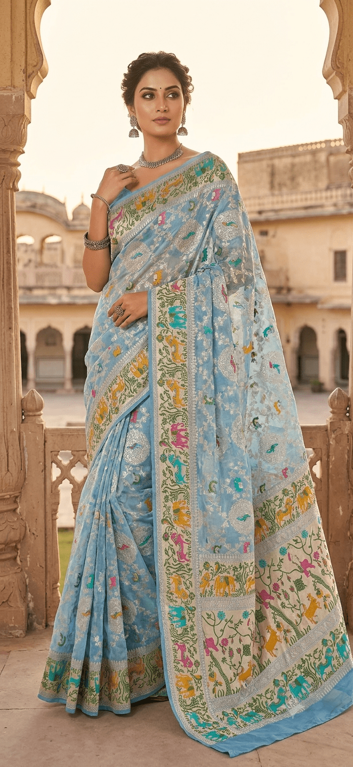 The Pure silk Handwoven Royal Shikargah Meenakari Saree in Powder Blue