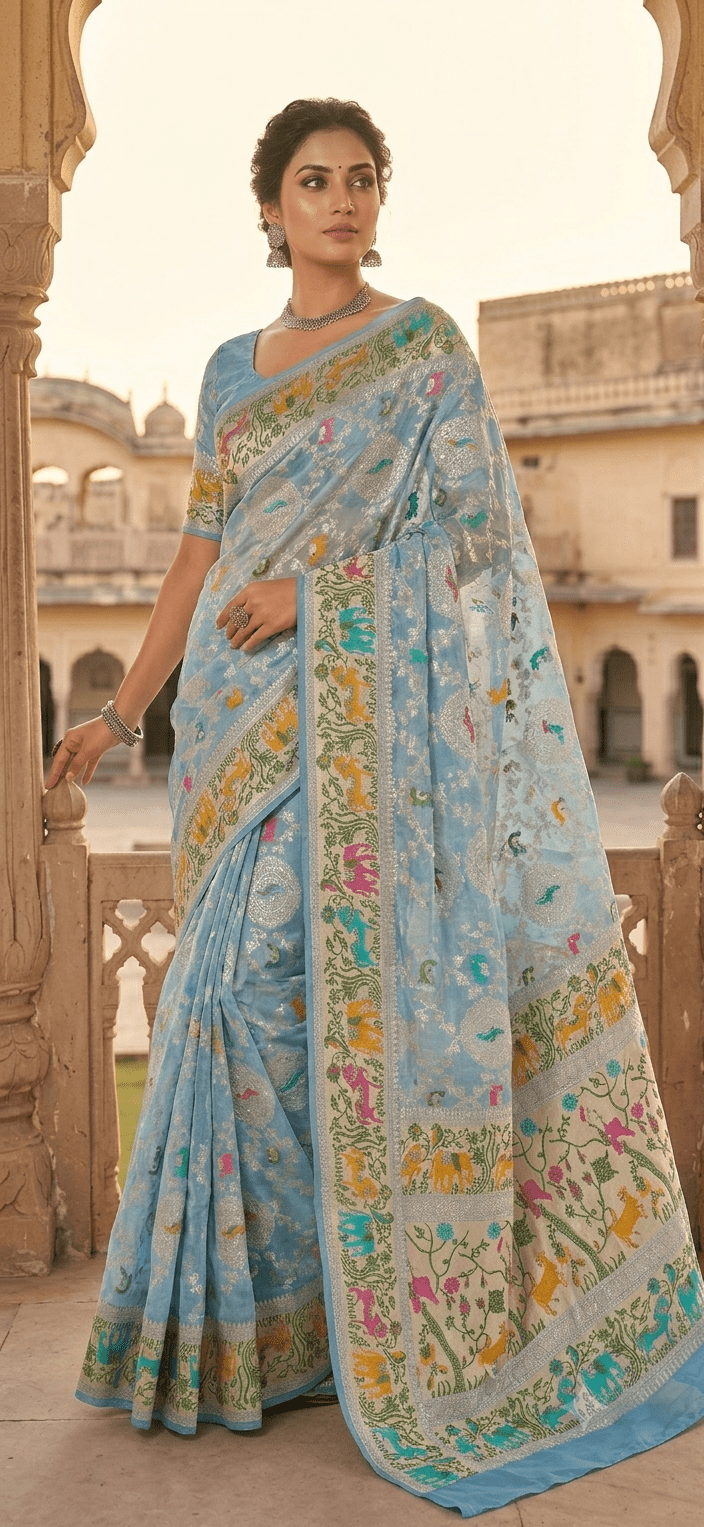 The Pure silk Handwoven Royal Shikargah Meenakari Saree in Powder Blue - Image 3