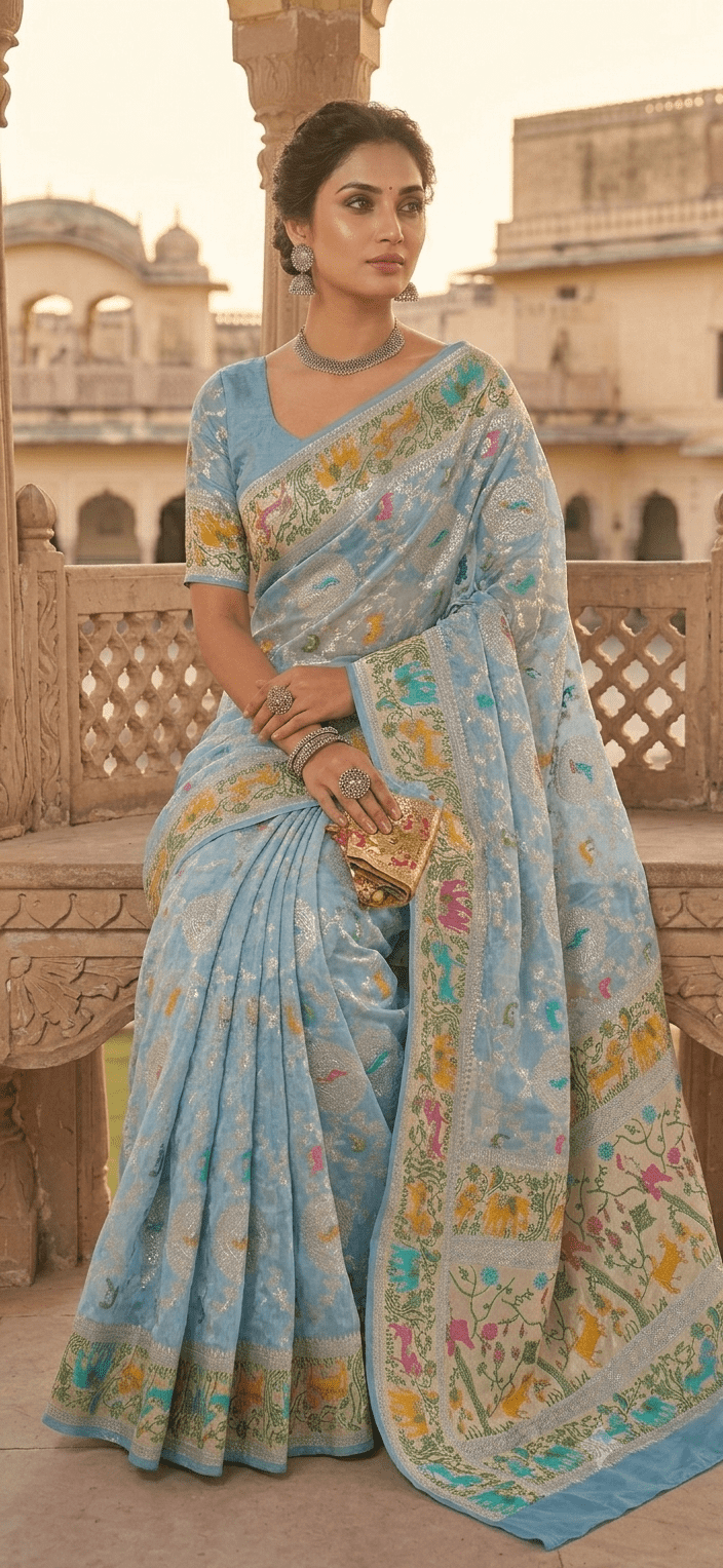 The Pure silk Handwoven Royal Shikargah Meenakari Saree in Powder Blue - Image 4
