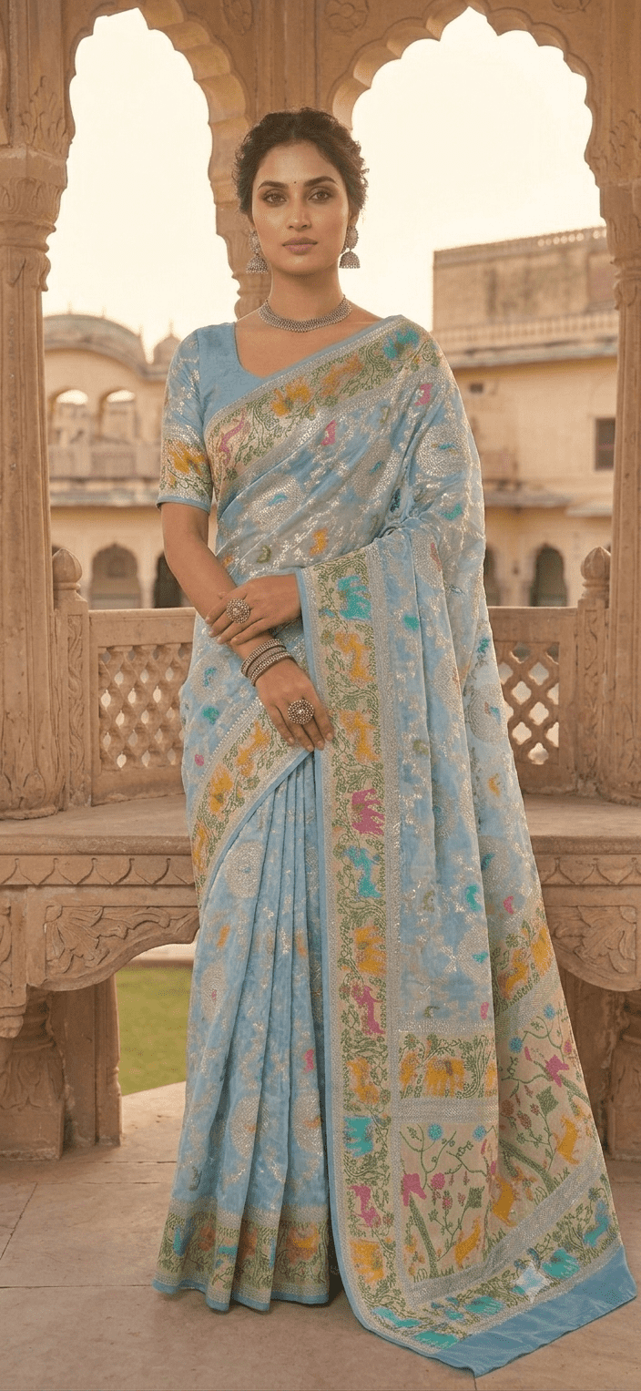 The Pure silk Handwoven Royal Shikargah Meenakari Saree in Powder Blue - Image 5